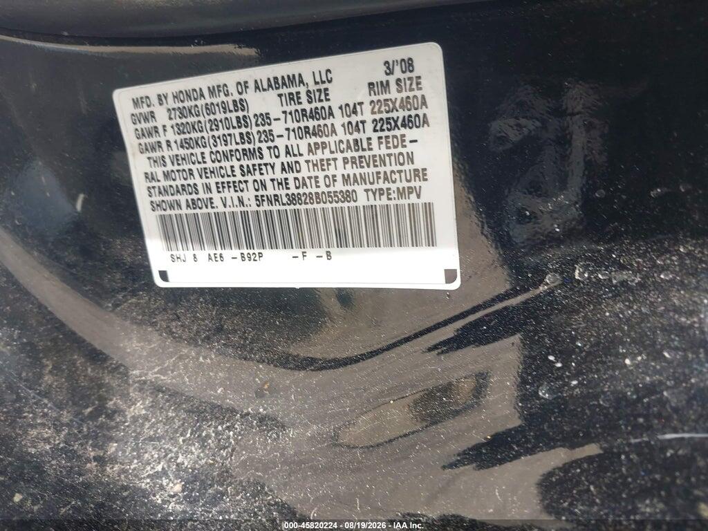5FNRL38828B055380 2008 HONDA ODYSSEY photo no. 9