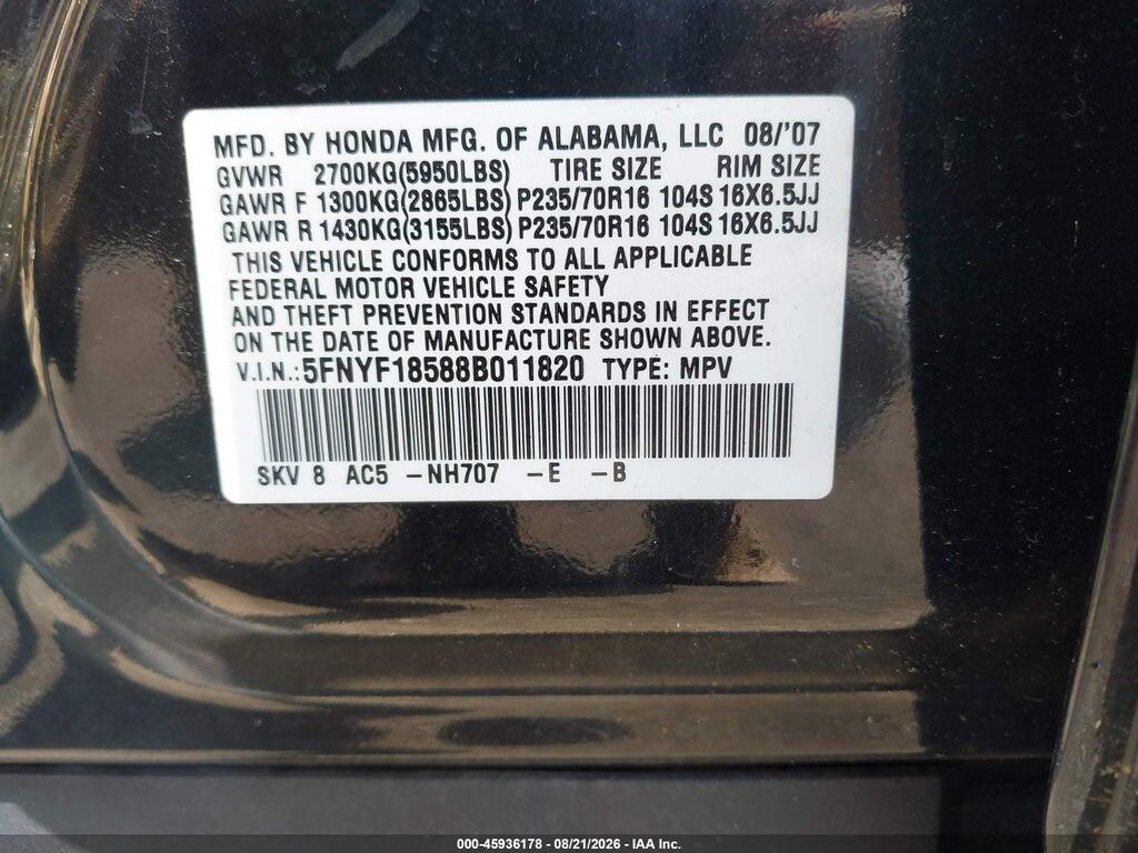 5FNYF18588B011820 2008 HONDA PILOT photo no. 9