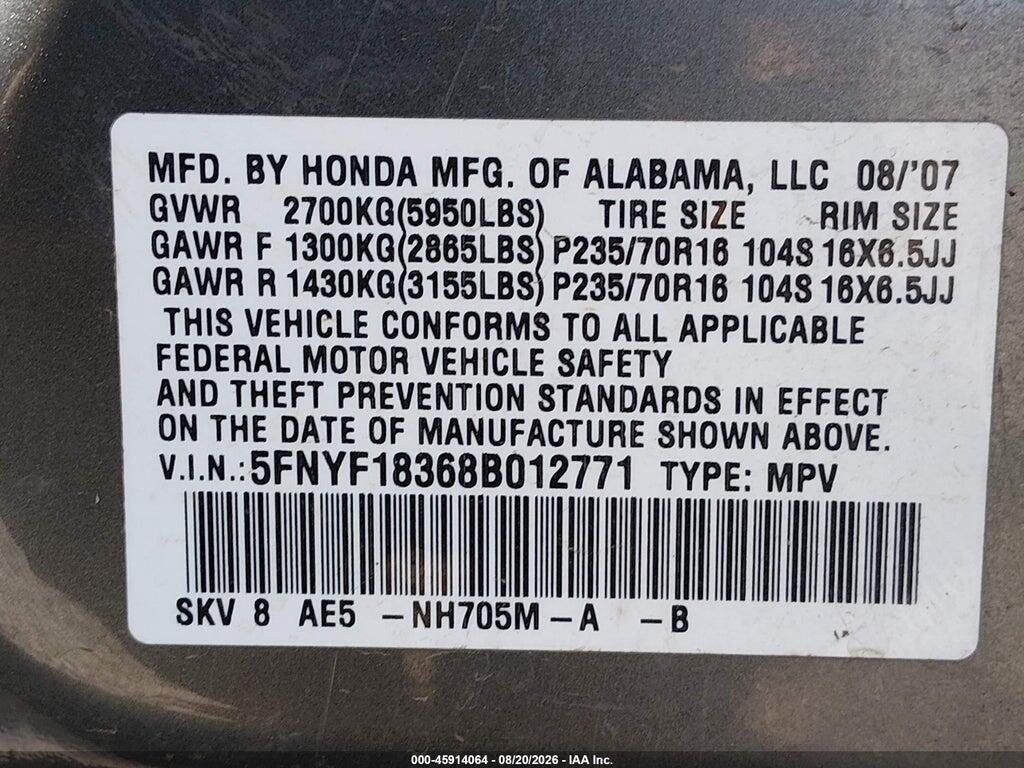 5FNYF18368B012771 2008 HONDA PILOT photo no. 9