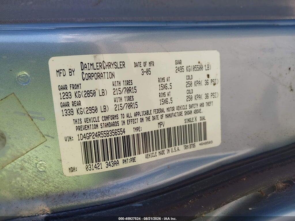 1D4GP24R55B356554 2005 DODGE GRAND CARAVAN photo no. 9