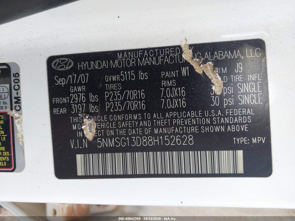 5NMSG13D88H152628 2008 HYUNDAI SANTA FE photo no. 9