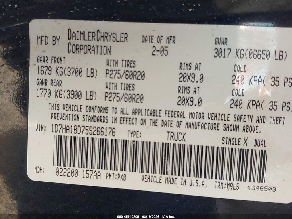 1D7HA18D75S266176 2005 DODGE RAM 1500 photo no. 9