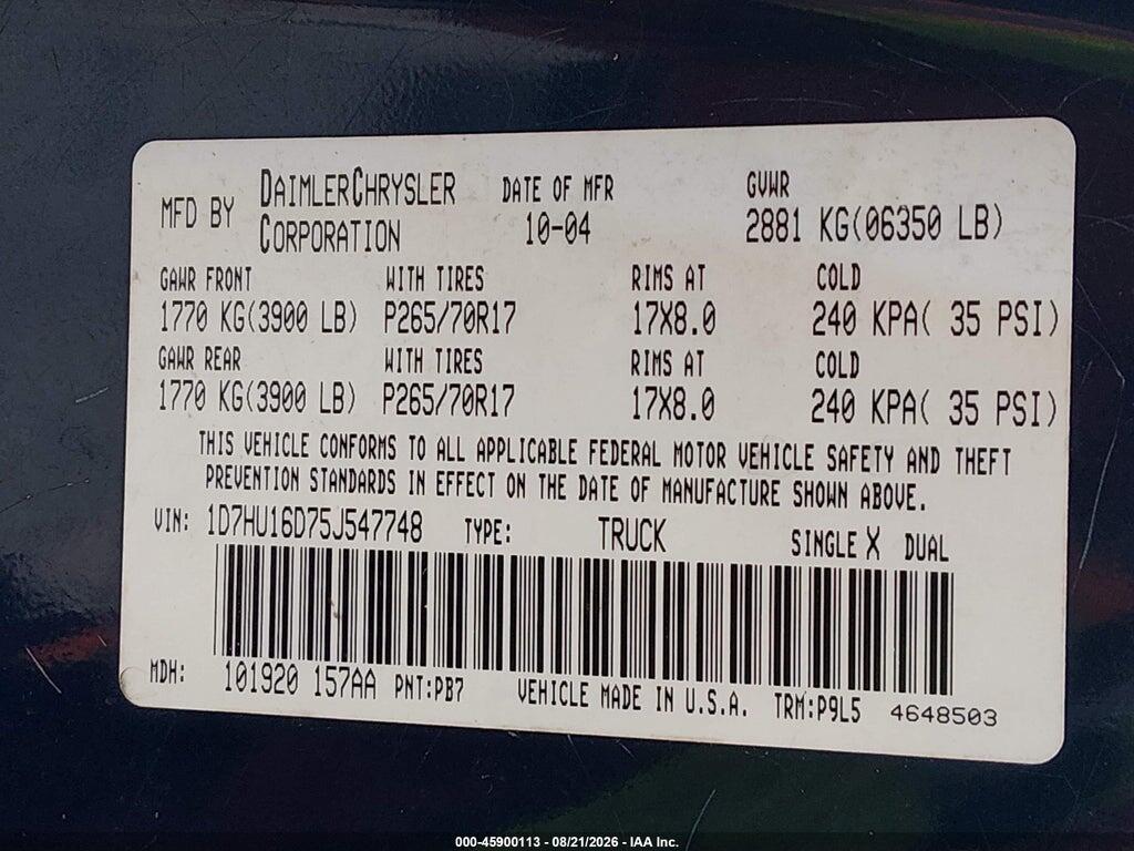 1D7HU16D75J547748 2005 DODGE RAM 1500 photo no. 9