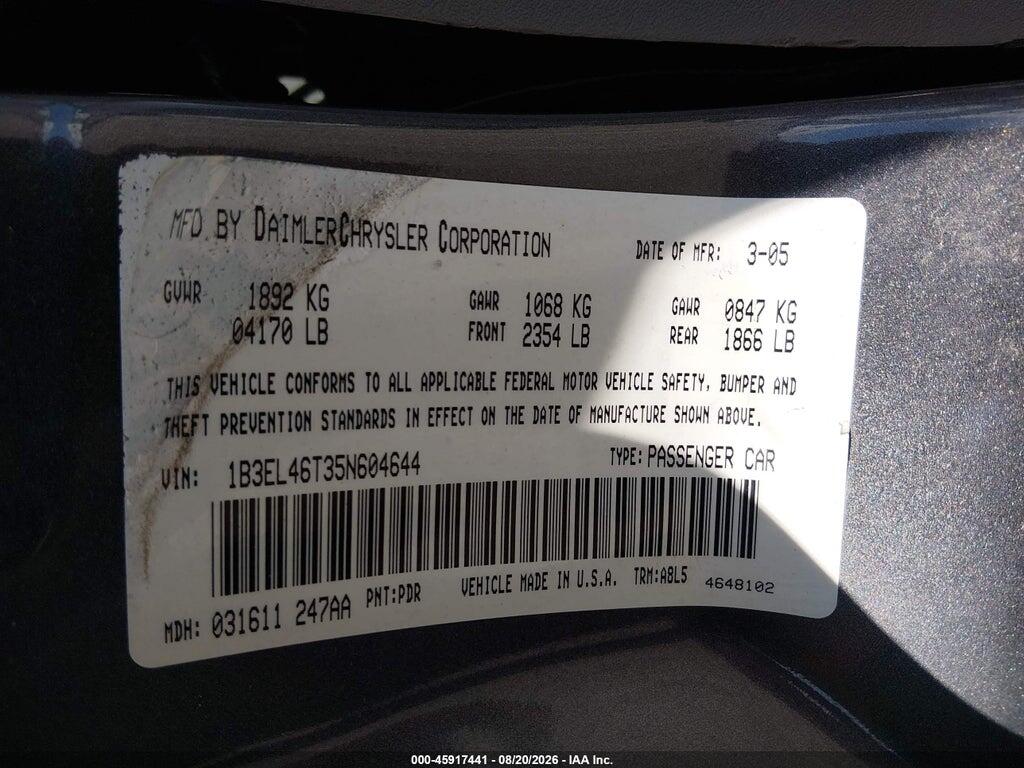 1B3EL46T35N604644 2005 DODGE STRATUS photo no. 9