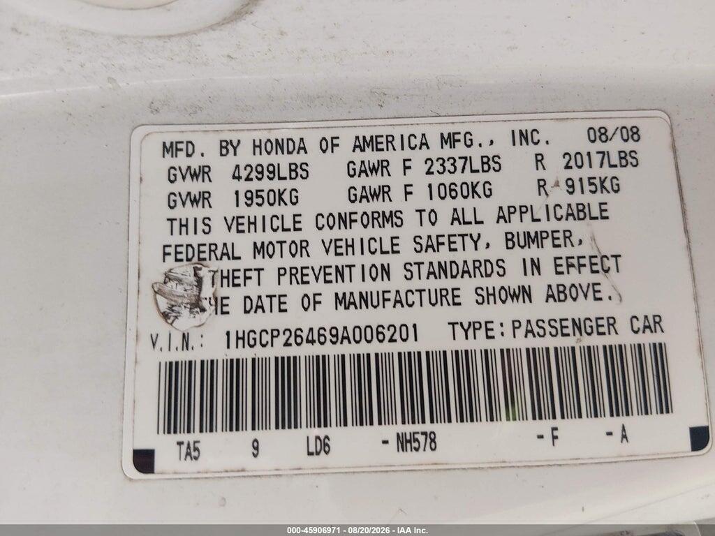 1HGCP26469A006201 2009 HONDA ACCORD photo no. 9