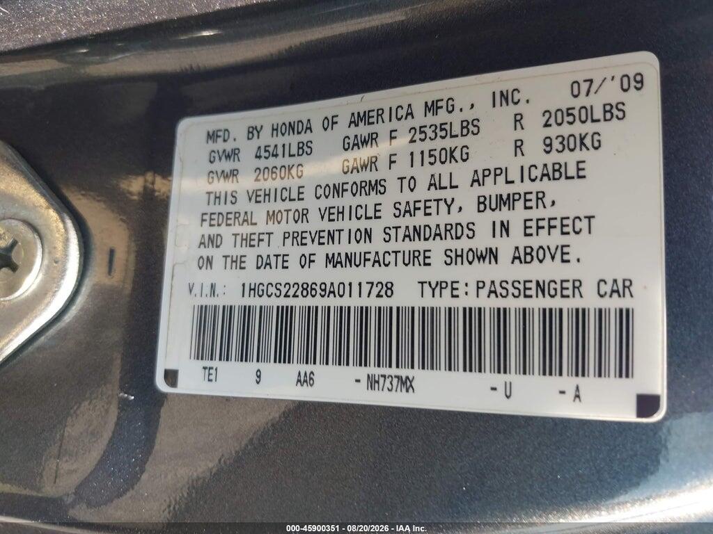 1HGCS22869A011728 2009 HONDA ACCORD photo no. 9