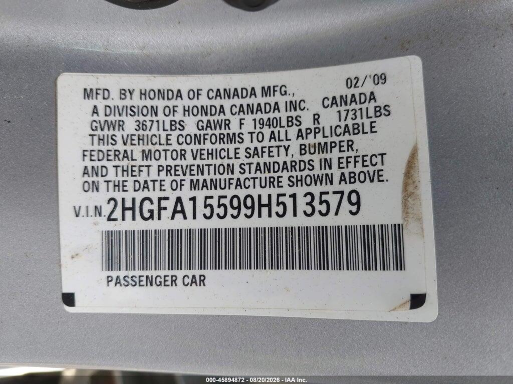 2HGFA15599H513579 2009 HONDA CIVIC photo no. 9