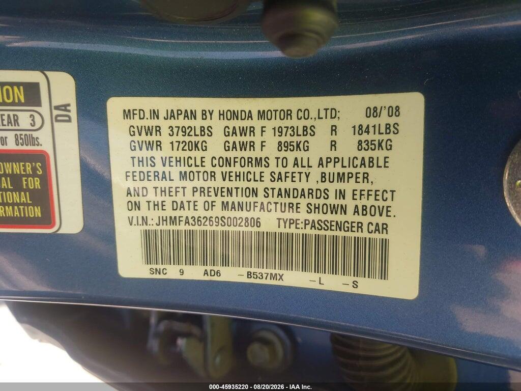 JHMFA36269S002806 2009 HONDA CIVIC HYBRID photo no. 9