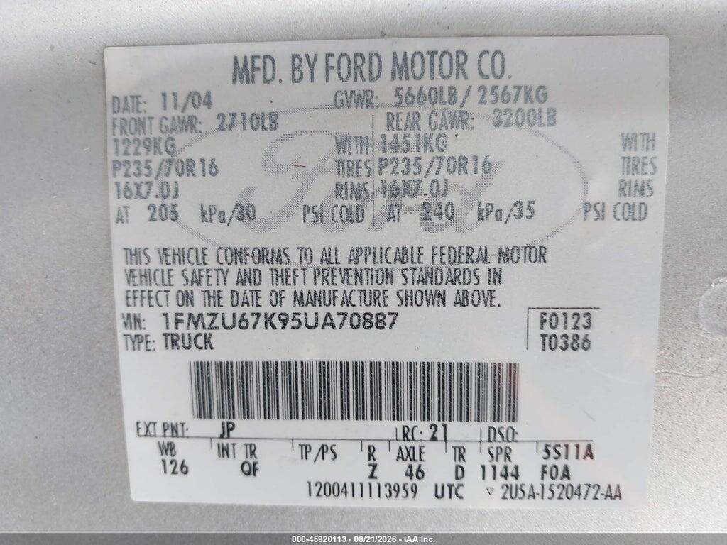 1FMZU67K95UA70887 2005 FORD EXPLORER SPORT TRAC photo no. 9