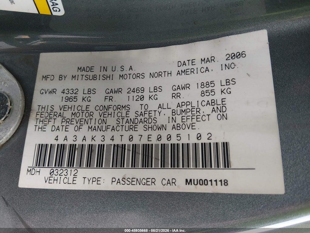 4A3AK34T07E005102 2007 MITSUBISHI ECLIPSE photo no. 9