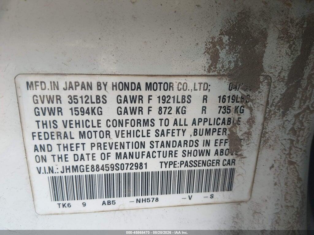 JHMGE88459S072981 2009 HONDA FIT photo no. 9