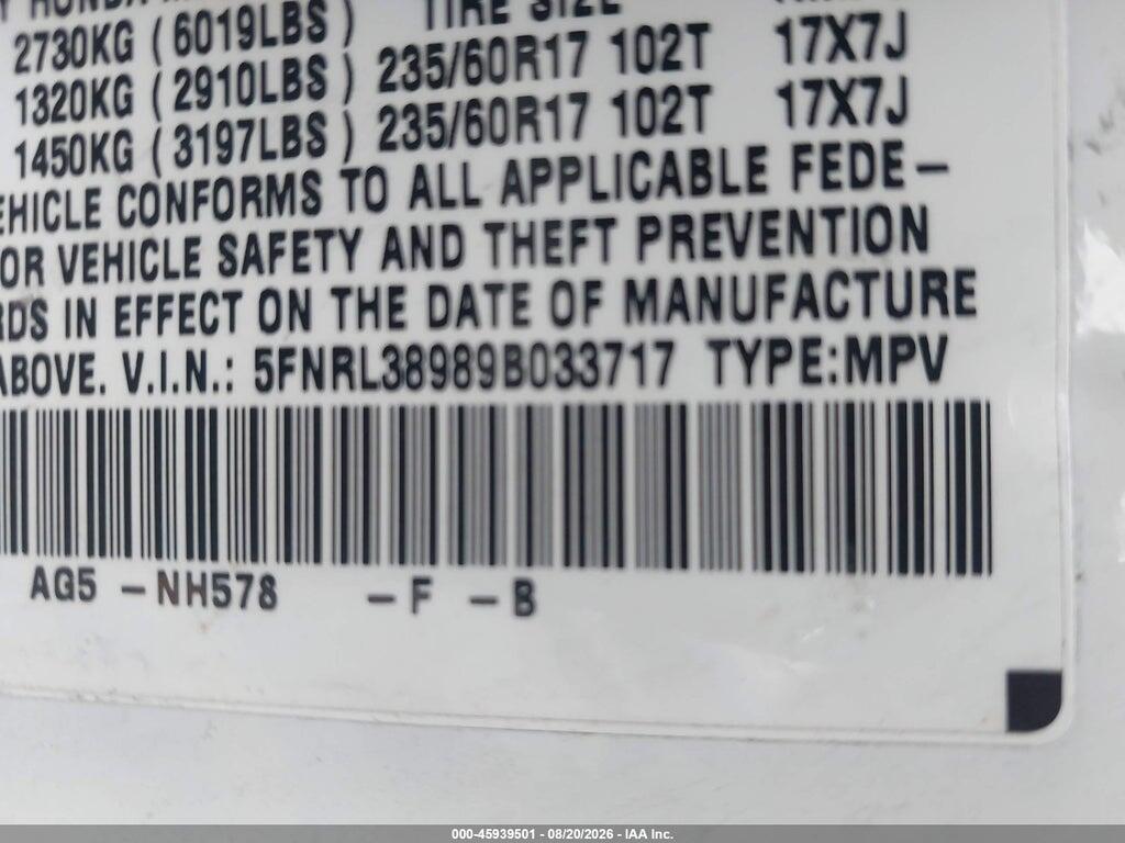 5FNRL38989B033717 2009 HONDA ODYSSEY photo no. 9