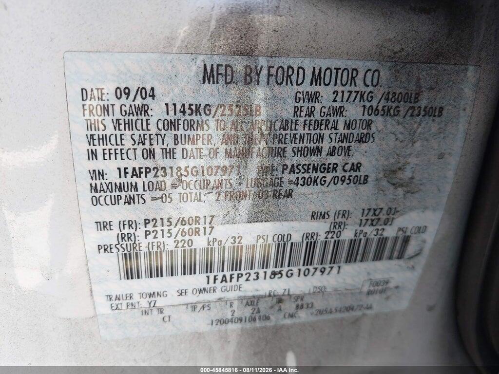 1FAFP23185G107971 2005 FORD FIVE HUNDRED photo no. 9