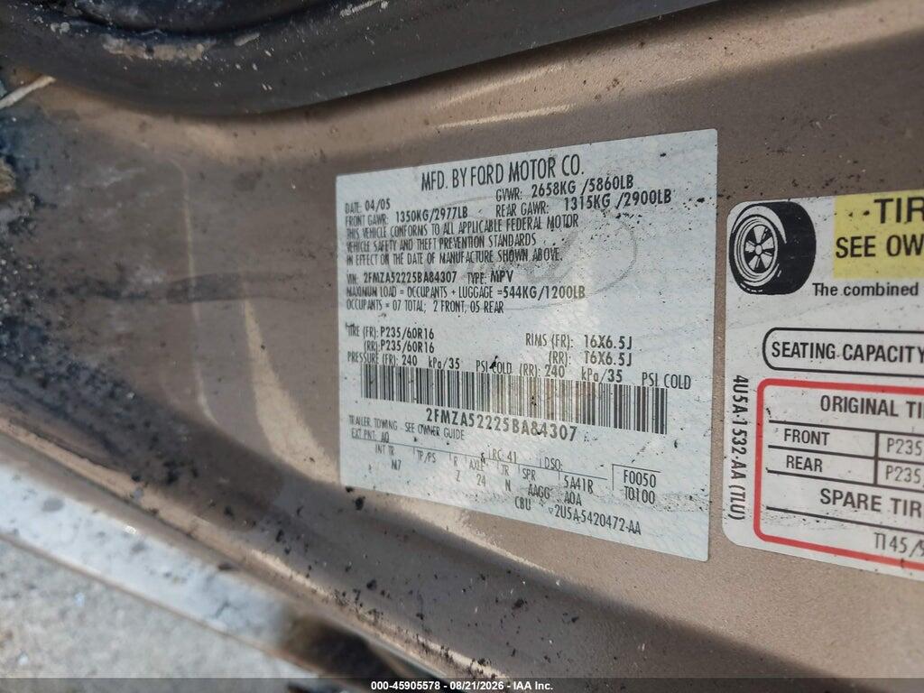 2FMZA52225BA84307 2005 FORD FREESTAR photo no. 9