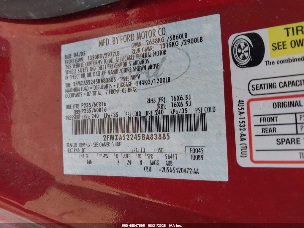 2FMZA52245BA83885 2005 FORD FREESTAR photo no. 9