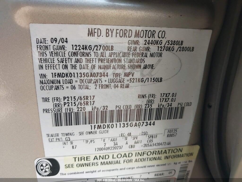1FMDK01135GA07344 2005 FORD FREESTYLE photo no. 9