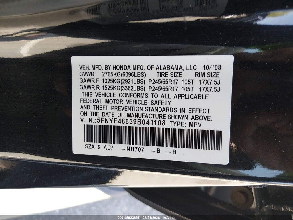 5FNYF48639B041108 2009 HONDA PILOT photo no. 9