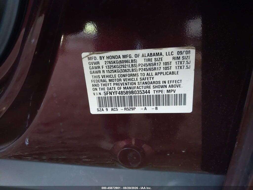 5FNYF48589B035344 2009 HONDA PILOT photo no. 9
