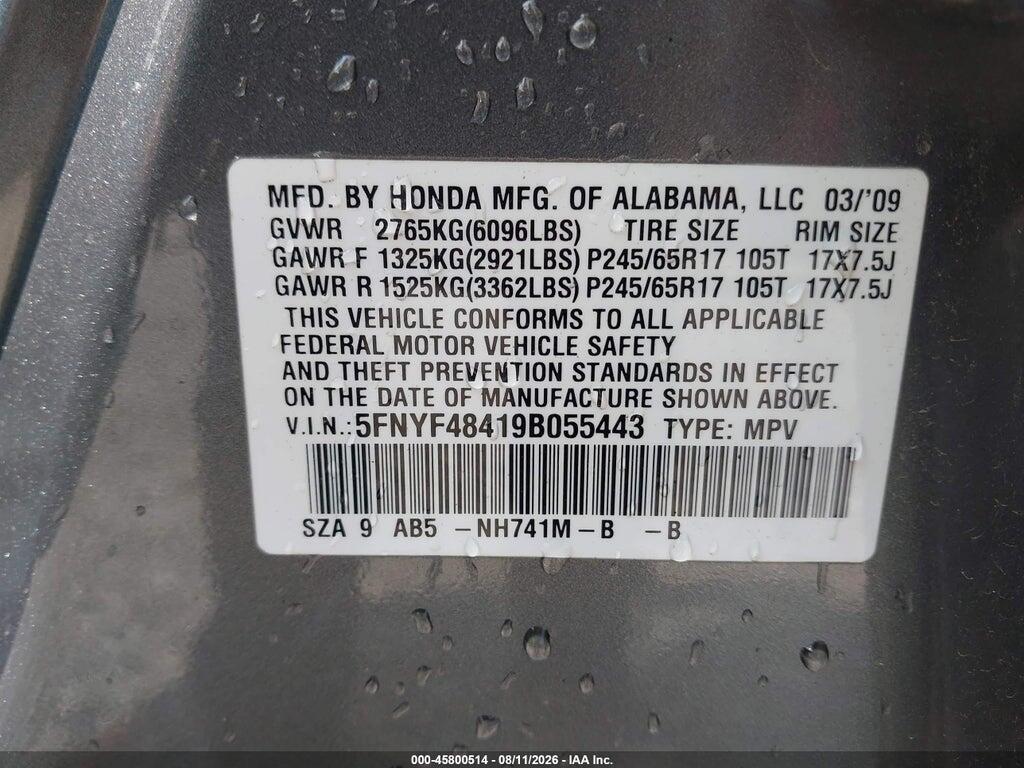 5FNYF48419B055443 2009 HONDA PILOT photo no. 9