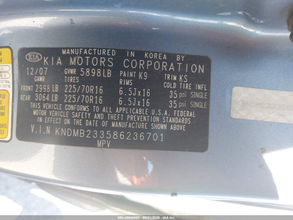 KNDMB233586236701 2008 KIA SEDONA photo no. 9