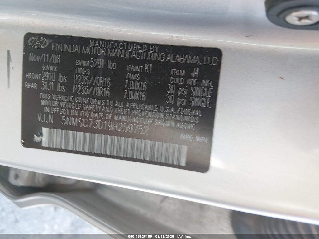 5NMSG73D19H259752 2009 HYUNDAI SANTA FE photo no. 9