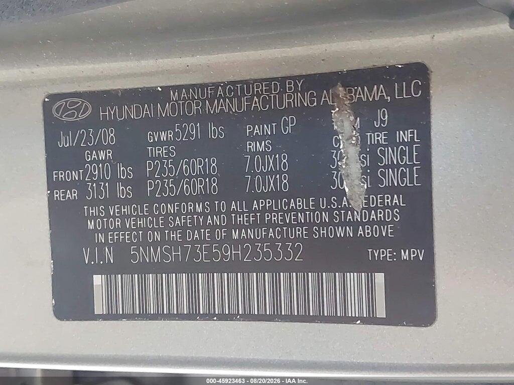 5NMSH73E59H235332 2009 HYUNDAI SANTA FE photo no. 9