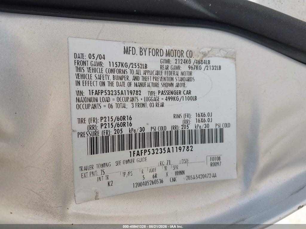 1FAFP53235A119782 2005 FORD TAURUS photo no. 9