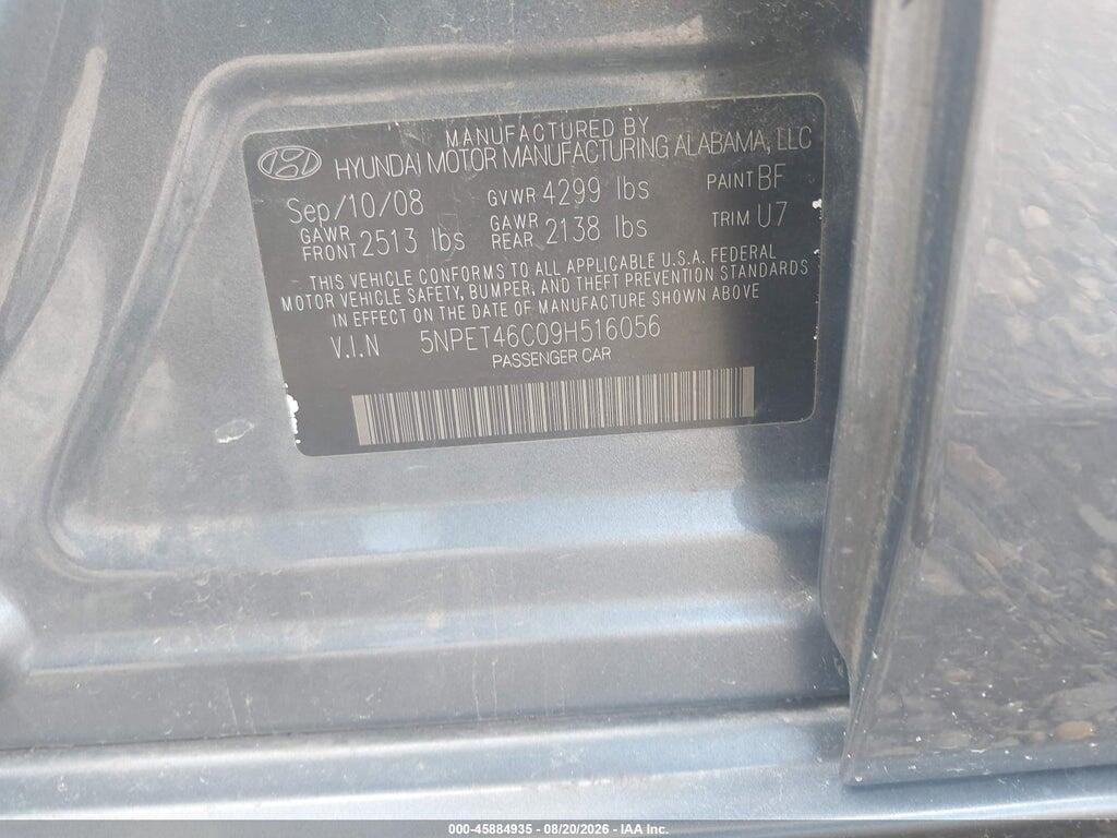 5NPET46C09H516056 2009 HYUNDAI SONATA photo no. 9