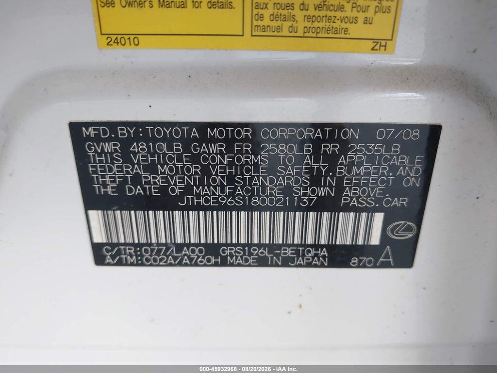 JTHCE96S180021137 2008 LEXUS GS 350 photo no. 9