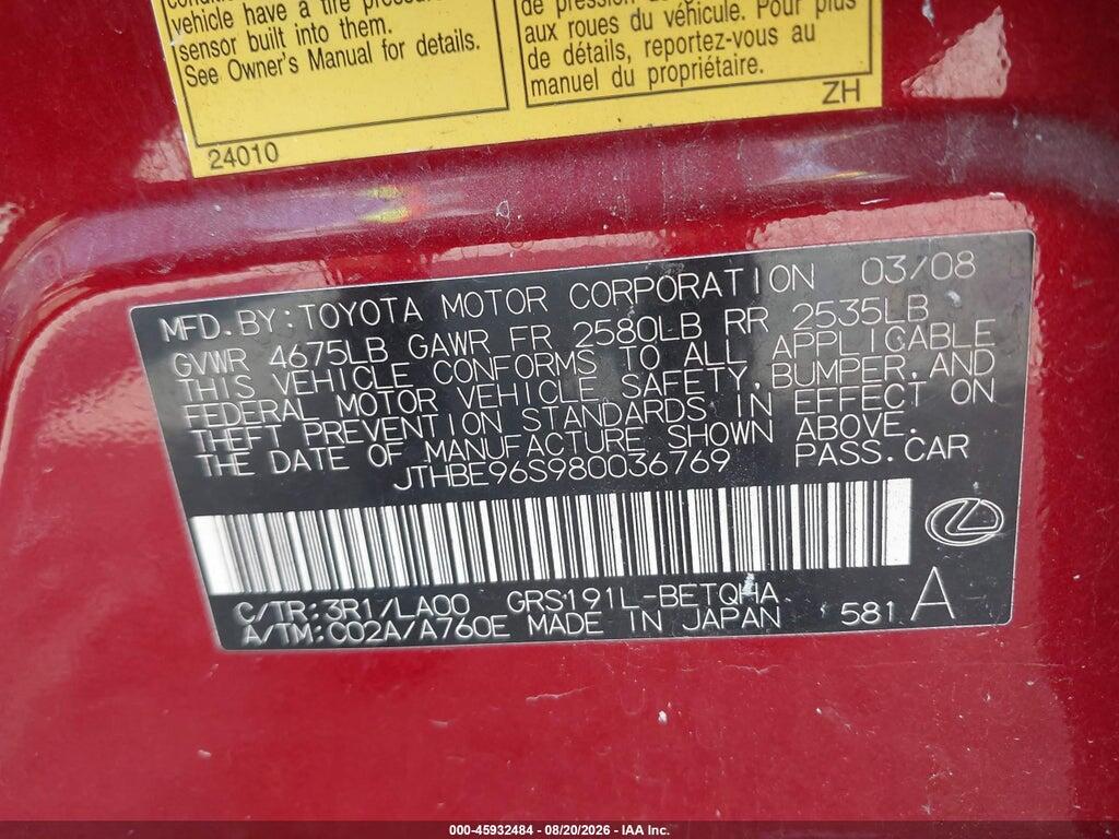 JTHBE96S980036769 2008 LEXUS GS 350 photo no. 9