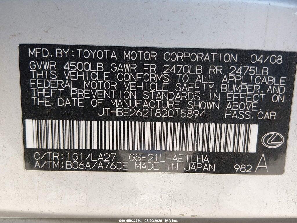 JTHBE262182015894 2008 LEXUS IS 350 photo no. 9