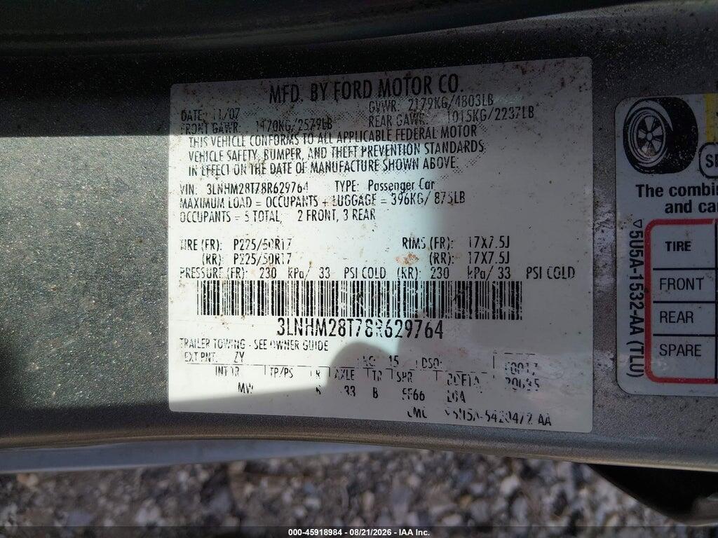 3LNHM28T78R629764 2008 LINCOLN MKZ photo no. 9