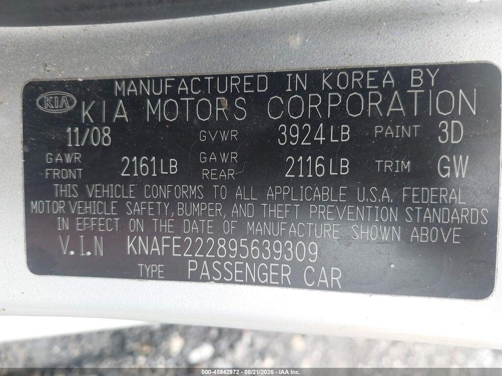 KNAFE222895639309 2009 KIA SPECTRA photo no. 9