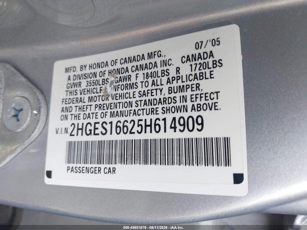 2HGES16625H614909 2005 HONDA CIVIC photo no. 9
