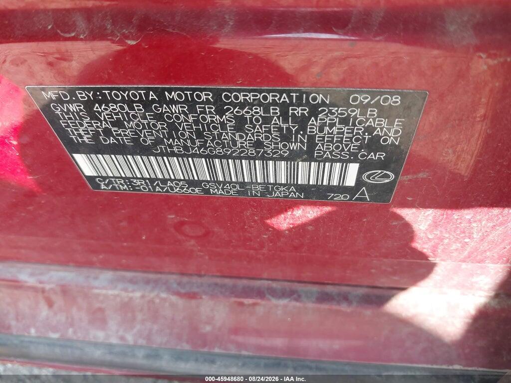 JTHBJ46G892287329 2009 LEXUS ES 350 photo no. 9