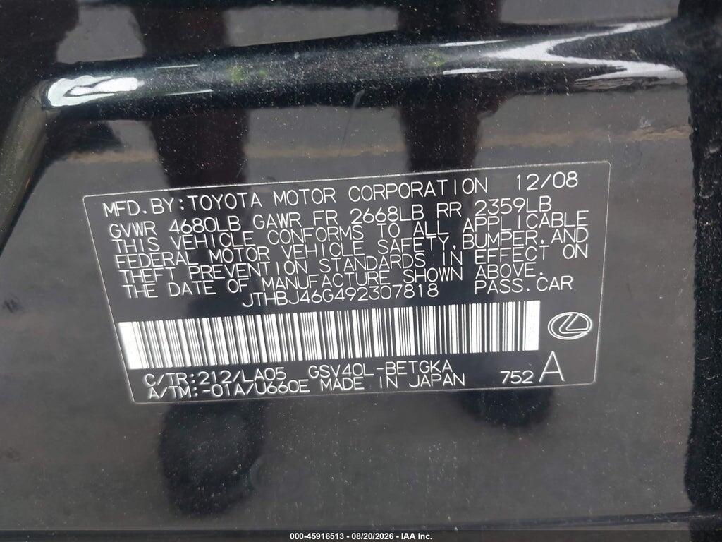 JTHBJ46G492307818 2009 LEXUS ES 350 photo no. 9