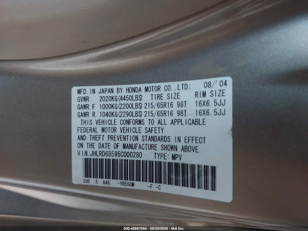 JHLRD68595C000280 2005 HONDA CR-V photo no. 9