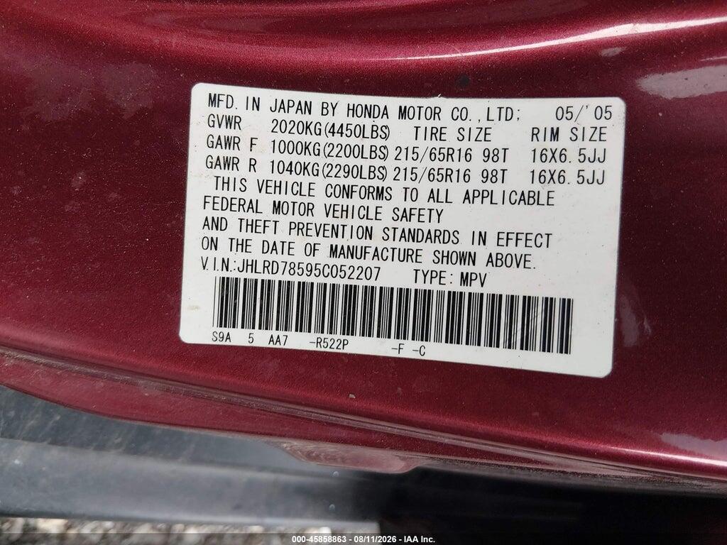 JHLRD78595C052207 2005 HONDA CR-V photo no. 9