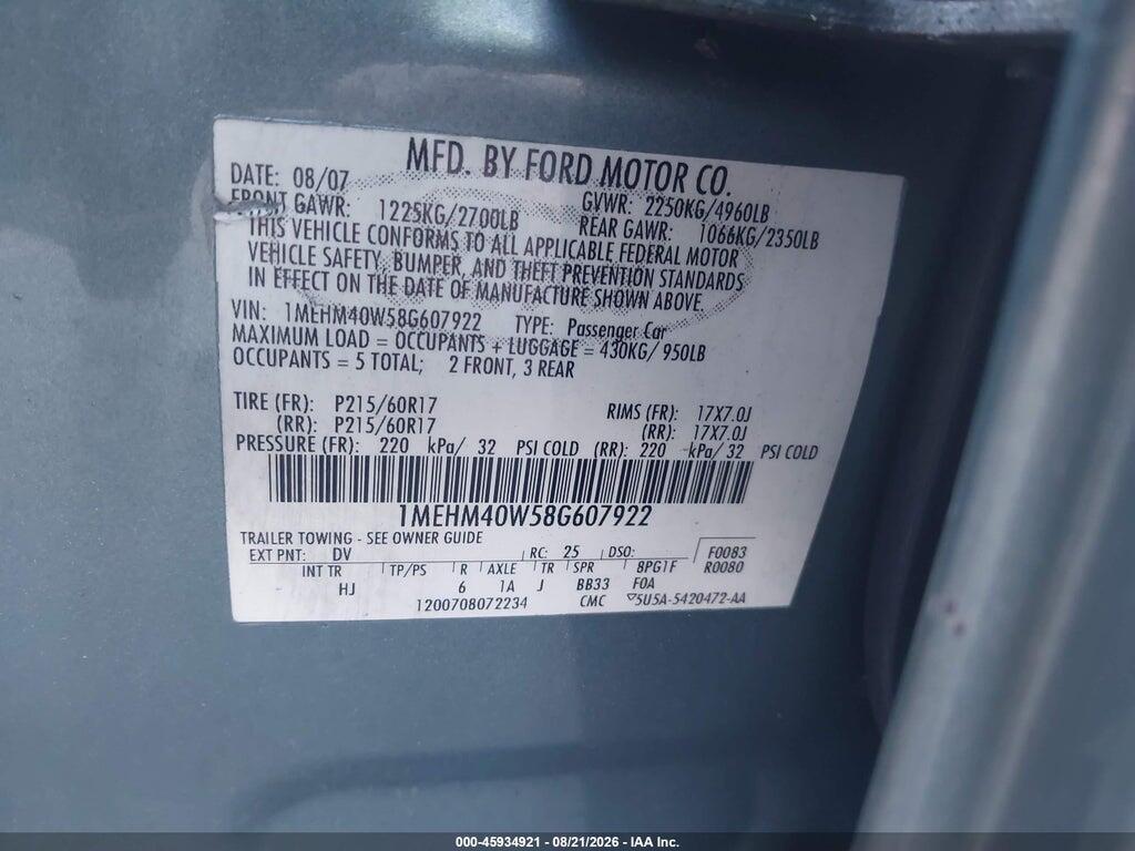 1MEHM40W58G607922 2008 MERCURY SABLE photo no. 9