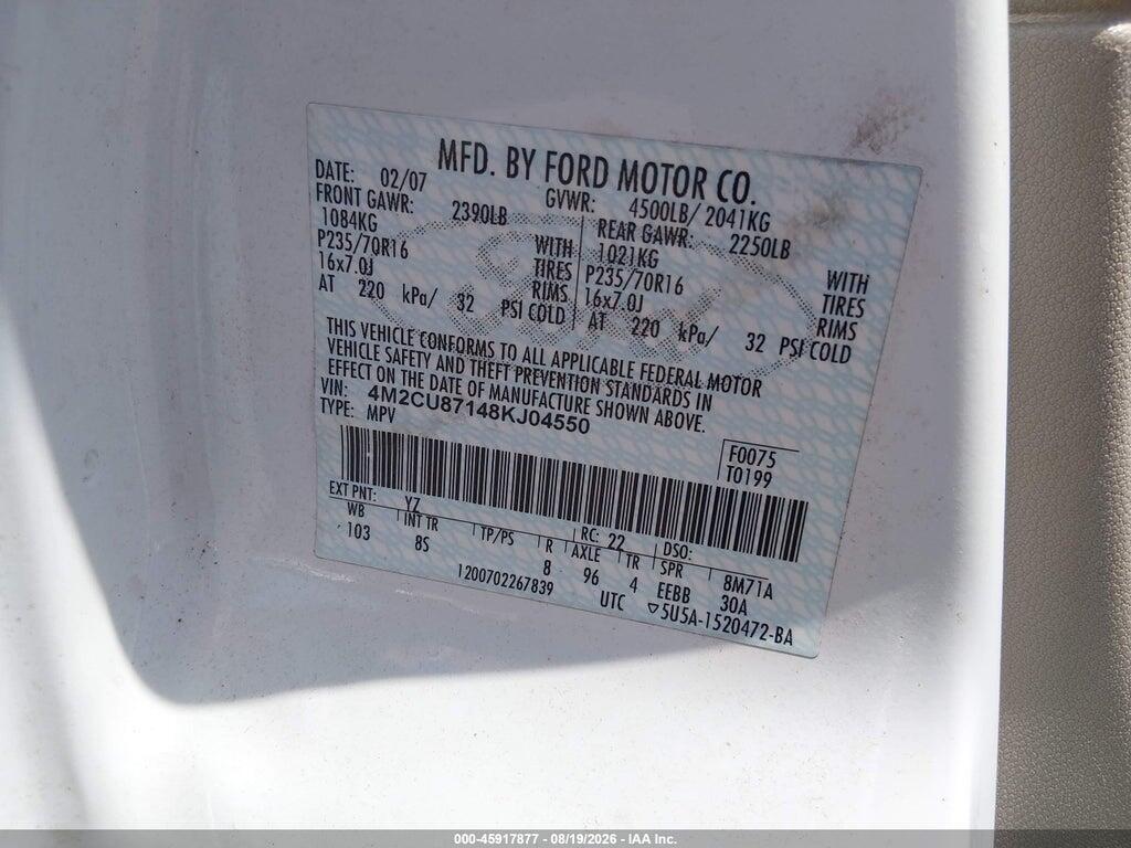 4M2CU87148KJ04550 2008 MERCURY MARINER photo no. 9