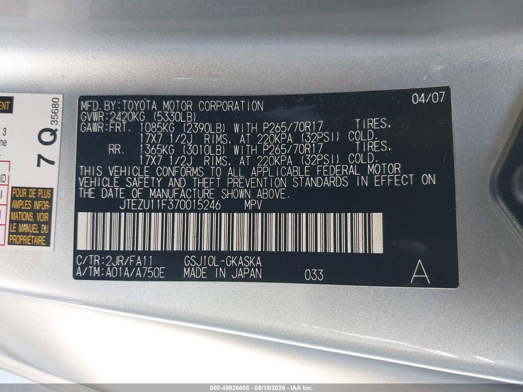JTEZU11F370015246 2007 TOYOTA FJ CRUISER photo no. 9
