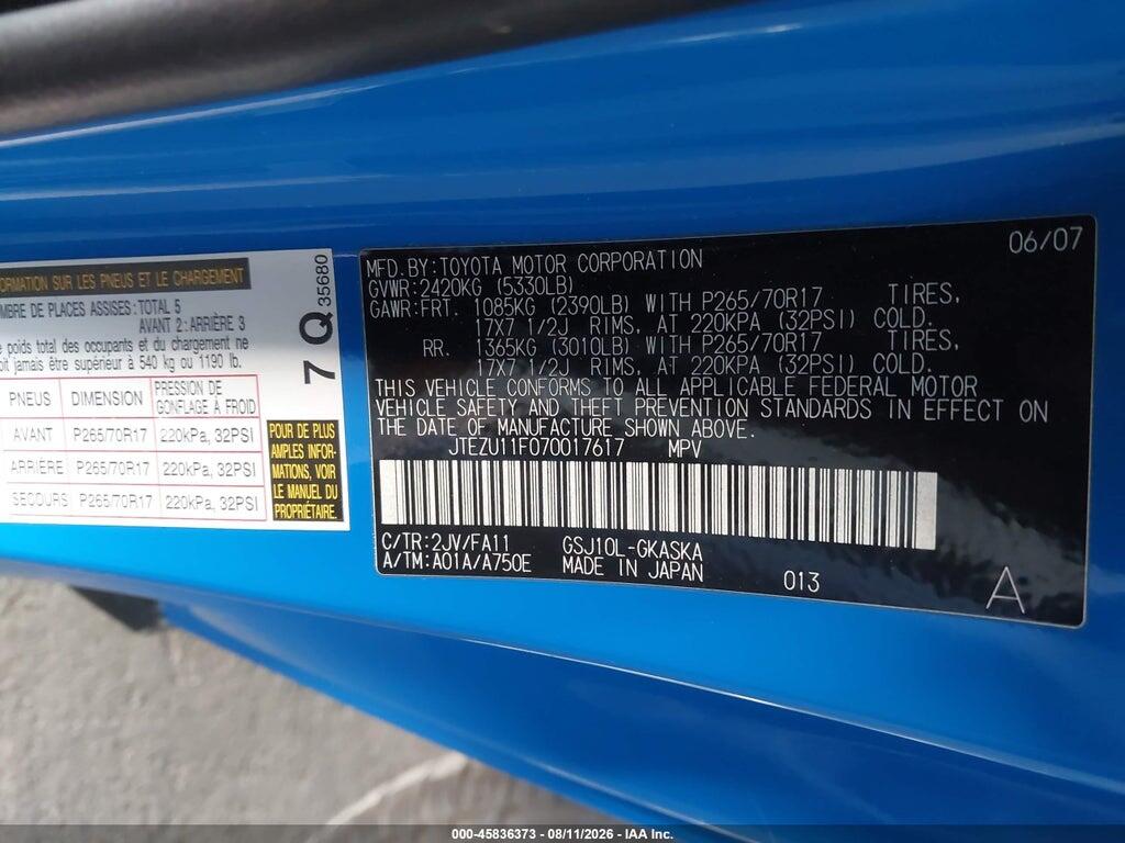 JTEZU11F070017617 2007 TOYOTA FJ CRUISER photo no. 9