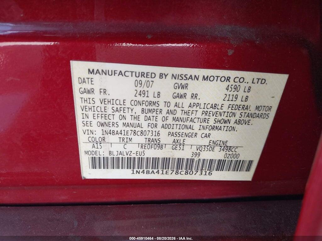 1N4BA41E78C807316 2008 NISSAN MAXIMA photo no. 9