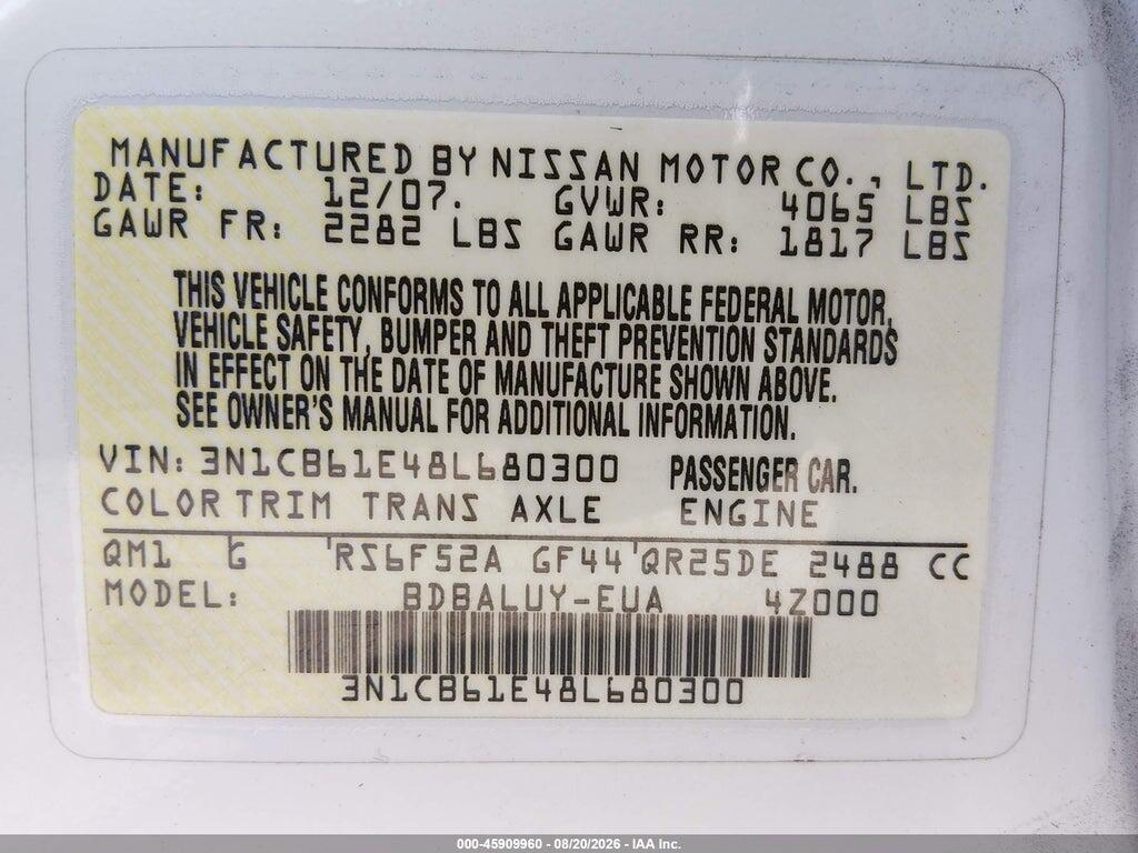 3N1CB61E48L680300 2008 NISSAN SENTRA photo no. 9