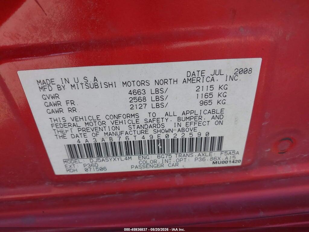 4A3AB76T49E022590 2009 MITSUBISHI GALANT photo no. 9