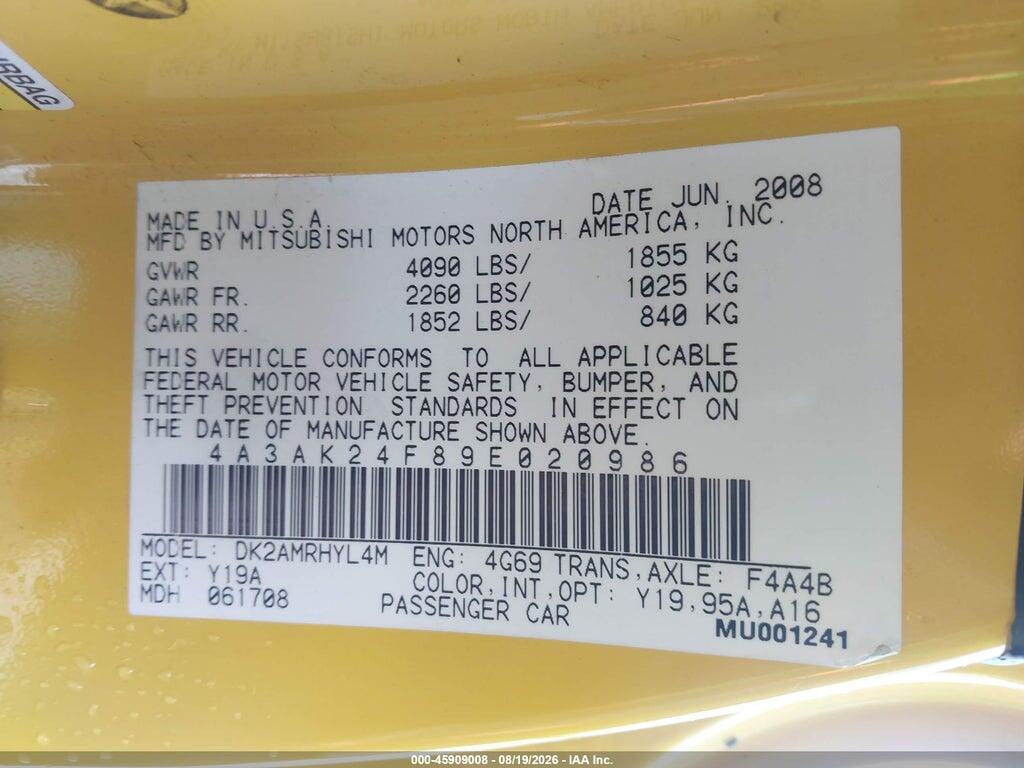 4A3AK24F89E020986 2009 MITSUBISHI ECLIPSE photo no. 9