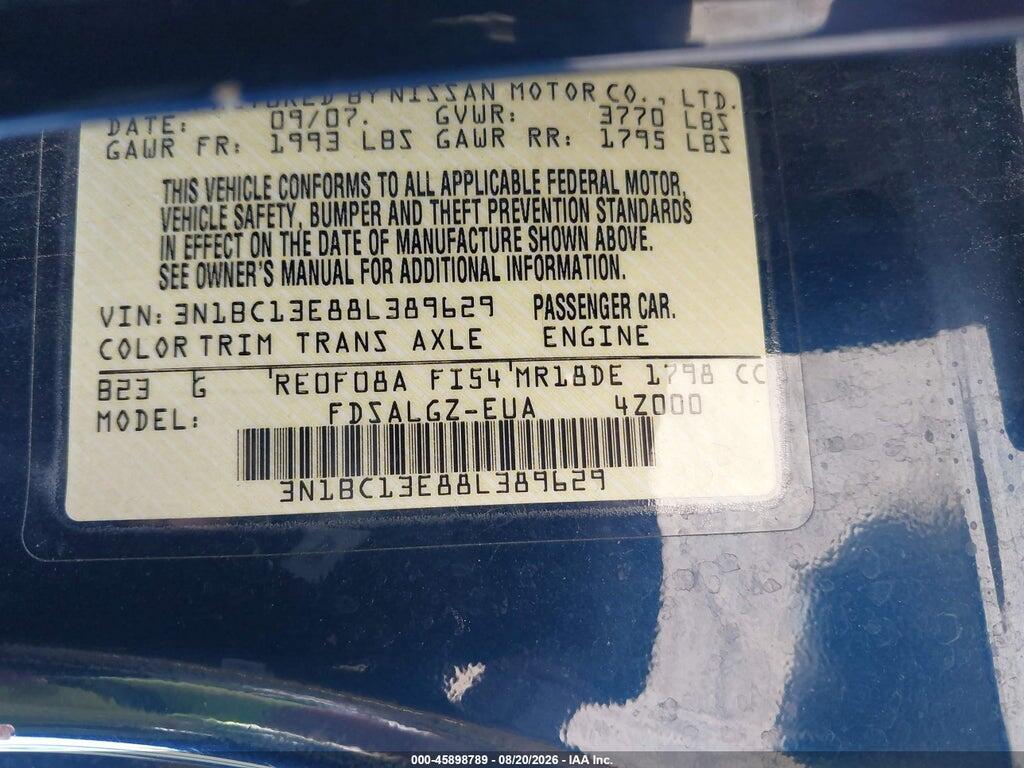 3N1BC13E88L389629 2008 NISSAN VERSA photo no. 9