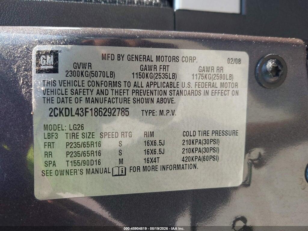 2CKDL43F186292785 2008 PONTIAC TORRENT photo no. 9