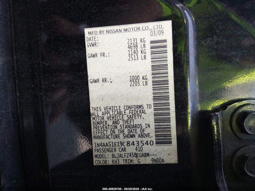 1N4AA51E19C843540 2009 NISSAN MAXIMA photo no. 9