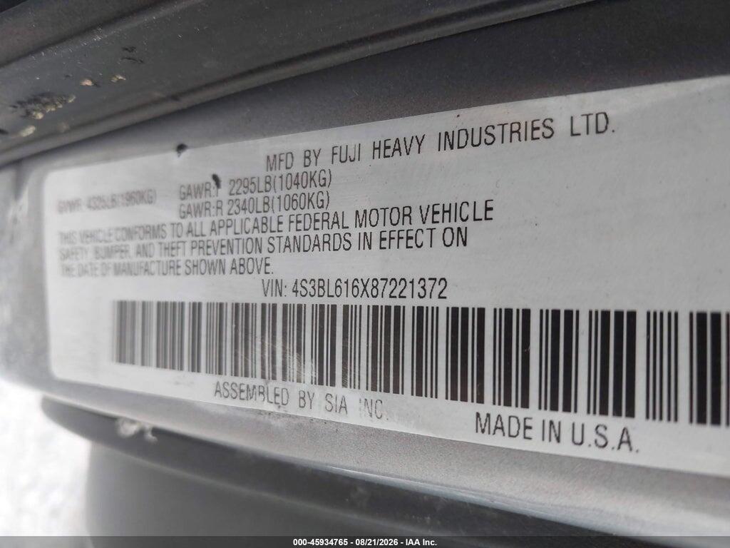 4S3BL616X87221372 2008 SUBARU LEGACY photo no. 9